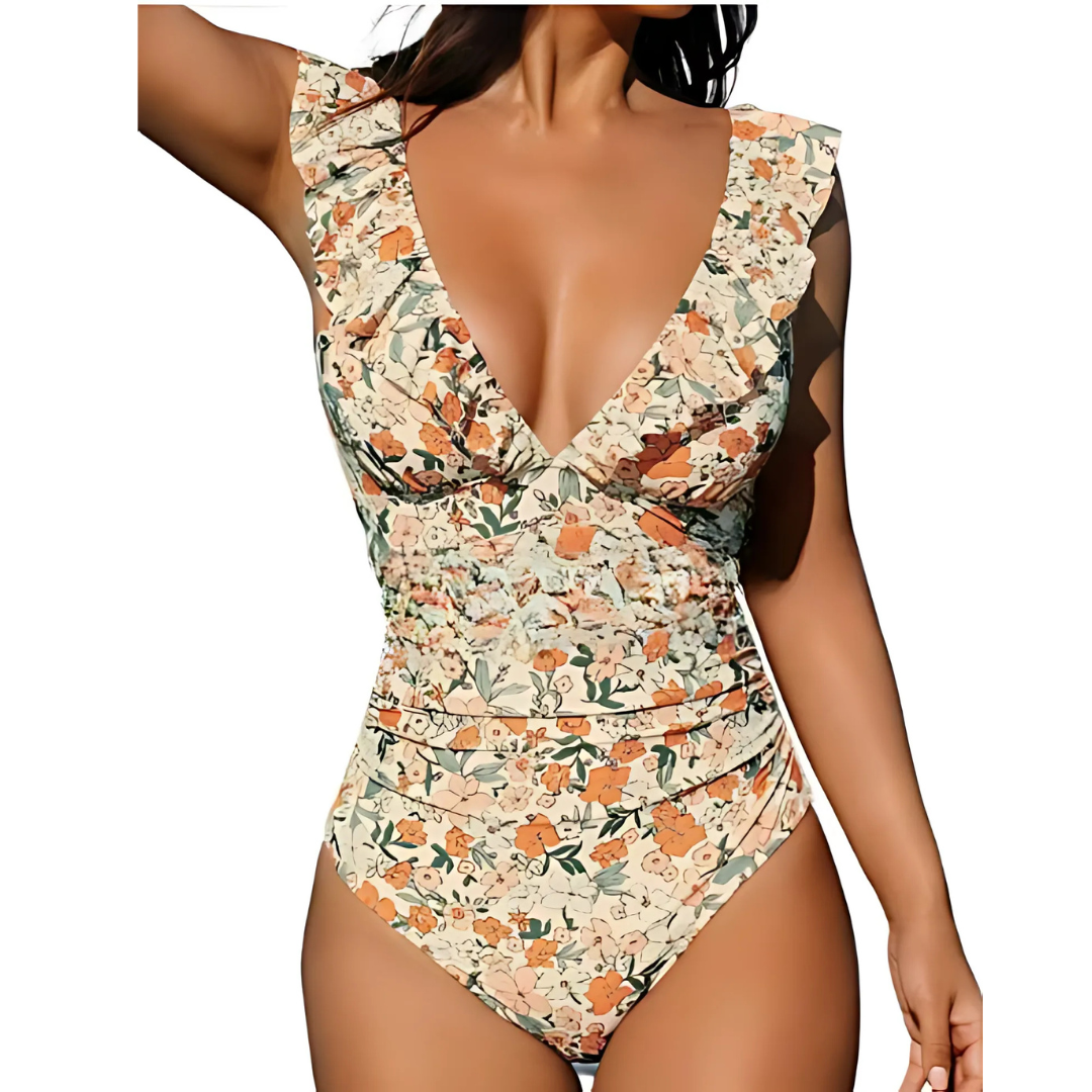 Icone™ ElegantSwimsuit: Elegant Pleated Design V-Neck Tummy Control Swimsuit