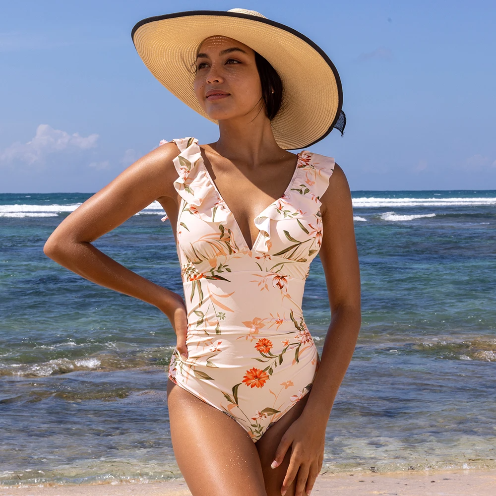Icone™ ElegantSwimsuit: Elegant Pleated Design V-Neck Tummy Control Swimsuit