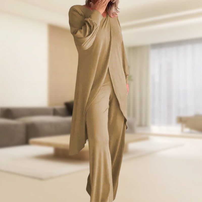 Icone™ ClassicSet: Classic Long Sleeve With Chic Front Slit Top And Pants Set